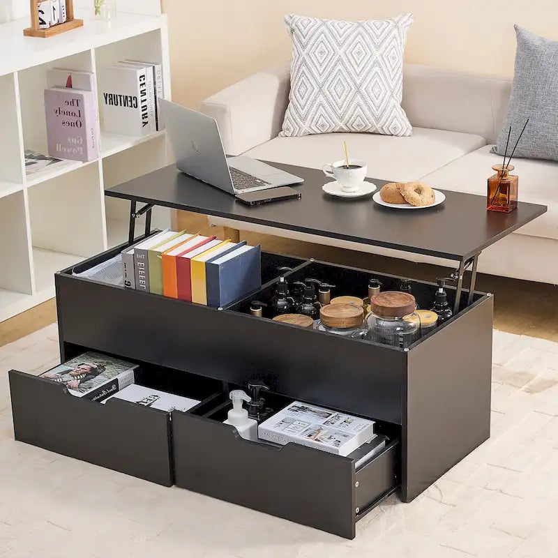 Table basse relevable avec compartiment de rangement caché et 2 tiroirs