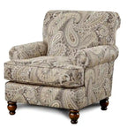 Fauteuil d'appoint motif cachemire beige avec accoudoirs arrondis et pieds tournés