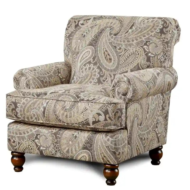 Fauteuil d'appoint motif cachemire beige avec accoudoirs arrondis et pieds tournés