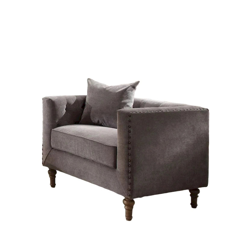 Fauteuil capitonné en velours gris avec cadre en laiton vieilli et coussin décoratif, 41"x31"x34"