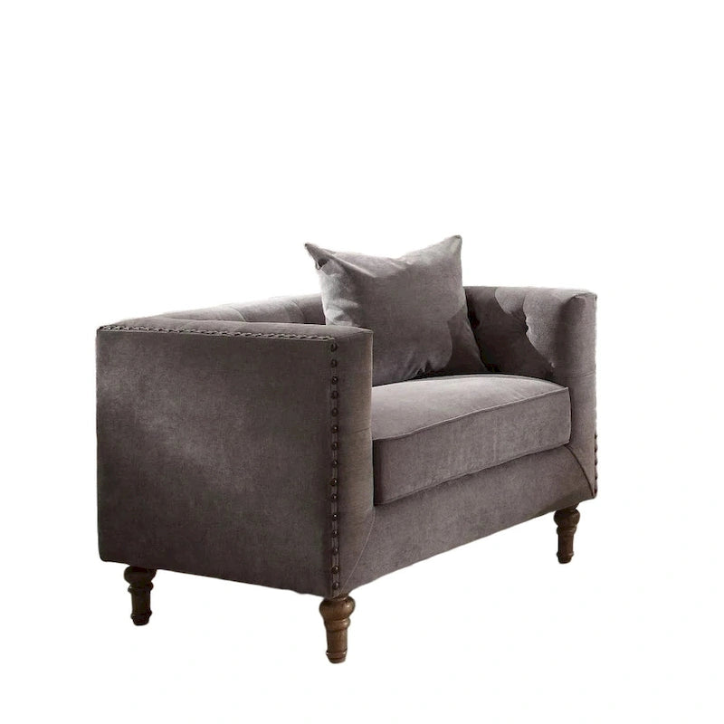 Fauteuil capitonné en velours gris avec cadre en laiton vieilli et coussin décoratif, 41"x31"x34"