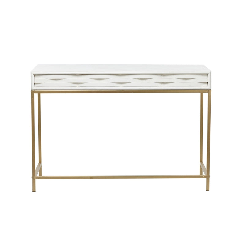 Console avec 2 tiroirs et structure en métal doré, blanc