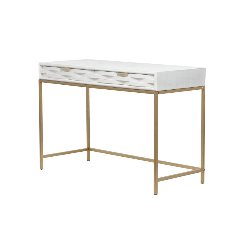 Console avec 2 tiroirs et structure en métal doré, blanc