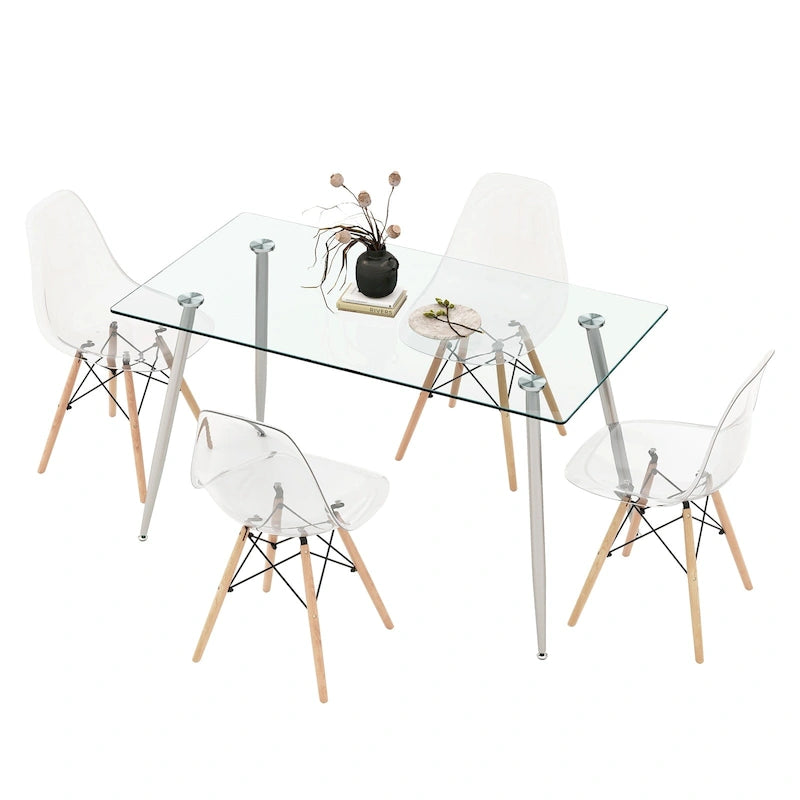 Ensemble de salle à manger 5 pièces avec table rectangulaire en verre et 4 chaises, 130 cm