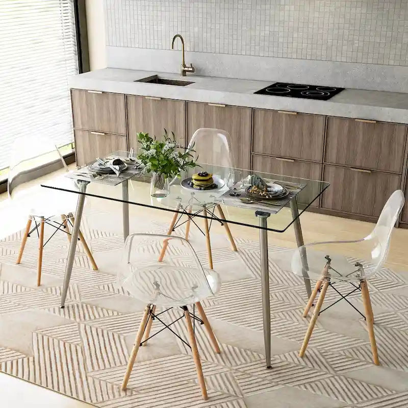 Ensemble de salle à manger 5 pièces avec table rectangulaire en verre et 4 chaises, 130 cm