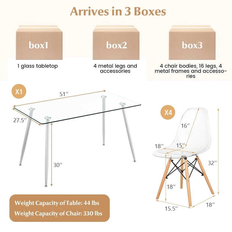 Ensemble de salle à manger 5 pièces avec table rectangulaire en verre et 4 chaises, 130 cm