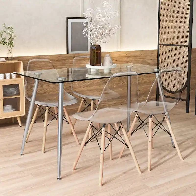 Ensemble de salle à manger 5 pièces avec table rectangulaire en verre et 4 chaises, 130 cm
