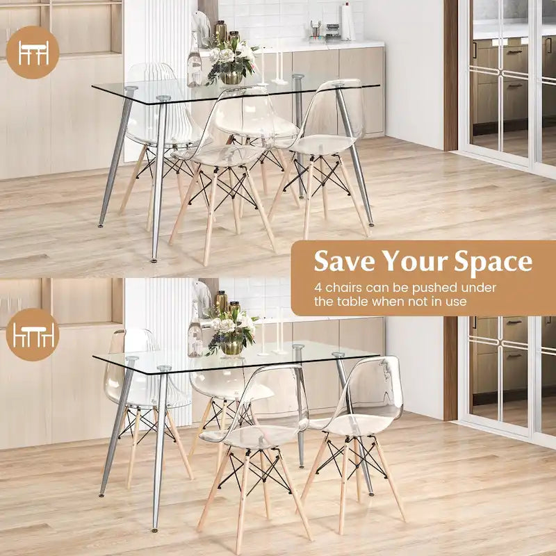 Ensemble de salle à manger 5 pièces avec table rectangulaire en verre et 4 chaises, 130 cm
