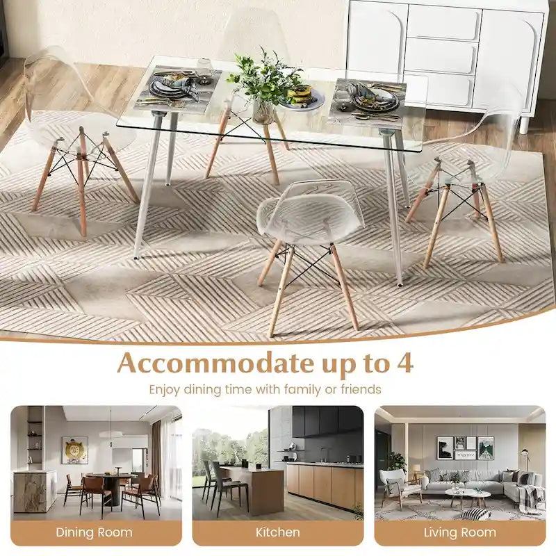 Ensemble de salle à manger 5 pièces avec table rectangulaire en verre et 4 chaises, 130 cm