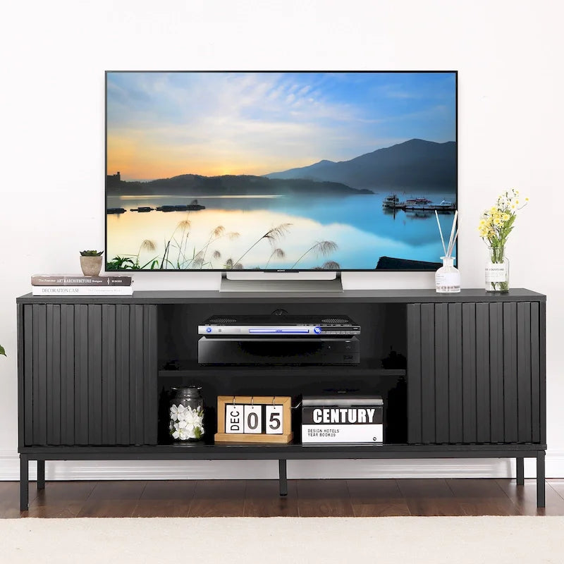 Meuble TV de style moderne du milieu du siècle avec rangement, 140 cm, convient aux téléviseurs jusqu'à 165 cm