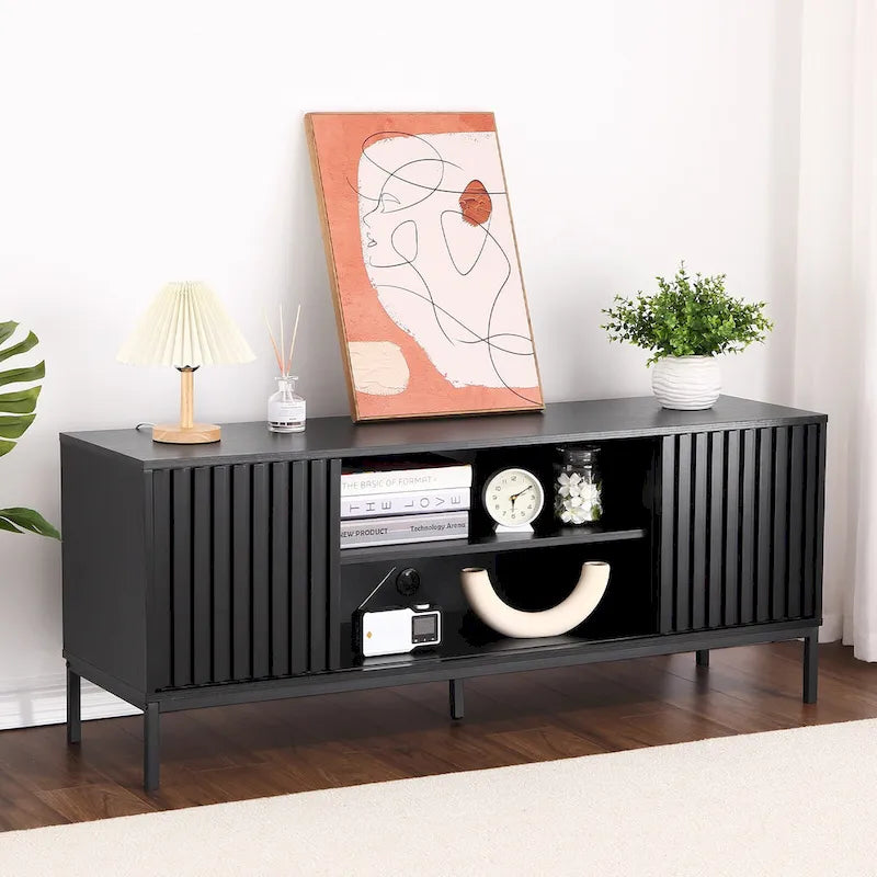 Meuble TV de style moderne du milieu du siècle avec rangement, 140 cm, convient aux téléviseurs jusqu'à 165 cm