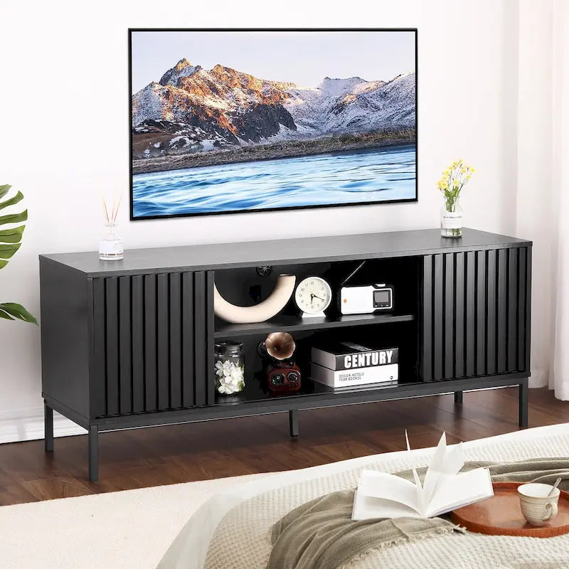 Meuble TV de style moderne du milieu du siècle avec rangement, 140 cm, convient aux téléviseurs jusqu'à 165 cm