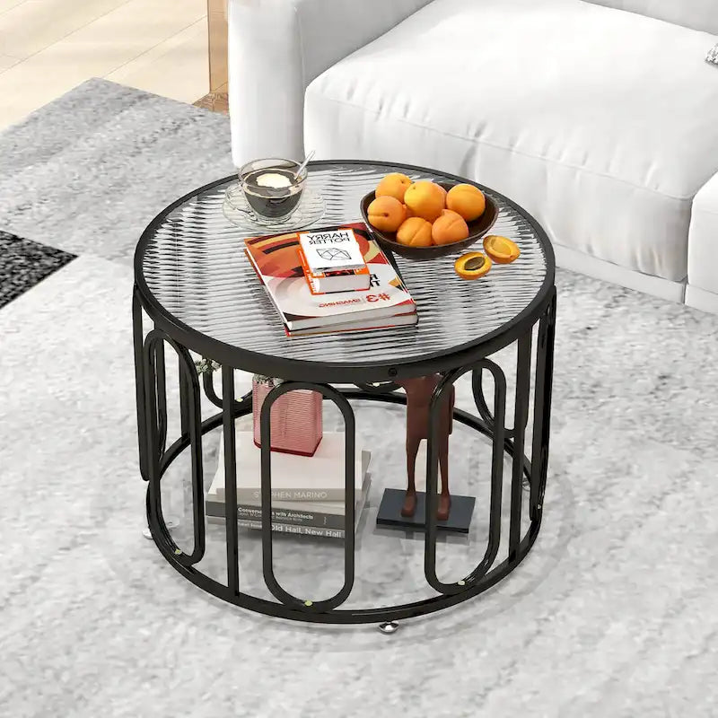Table basse ronde à 2 niveaux avec supports pivotants et plateau en verre cannelé, 24 pouces