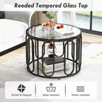 Table basse ronde à 2 niveaux avec supports pivotants et plateau en verre cannelé, 24 pouces