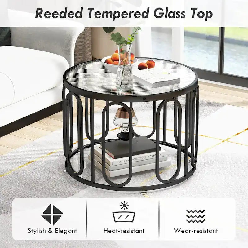 Table basse ronde à 2 niveaux avec supports pivotants et plateau en verre cannelé, 24 pouces