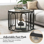 Table basse ronde à 2 niveaux avec supports pivotants et plateau en verre cannelé, 24 pouces