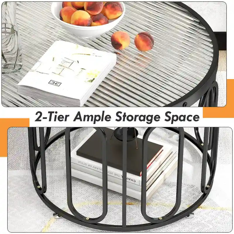 Table basse ronde à 2 niveaux avec supports pivotants et plateau en verre cannelé, 24 pouces