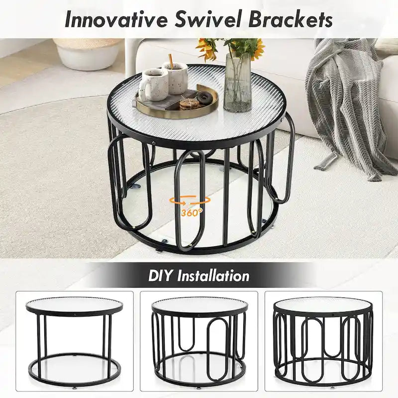 Table basse ronde à 2 niveaux avec supports pivotants et plateau en verre cannelé, 24 pouces