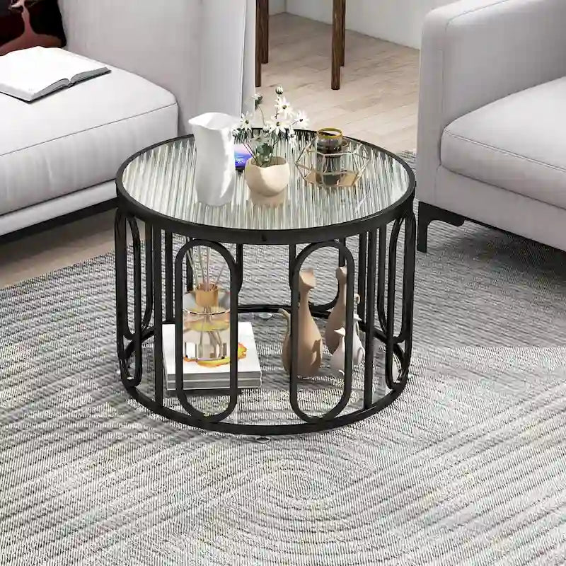 Table basse ronde à 2 niveaux avec supports pivotants et plateau en verre cannelé, 24 pouces