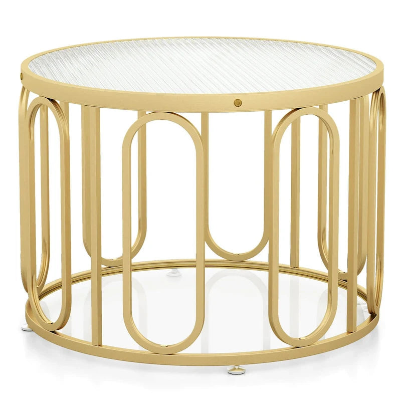 Table basse ronde à 2 niveaux avec supports pivotants et plateau en verre cannelé, 24 pouces