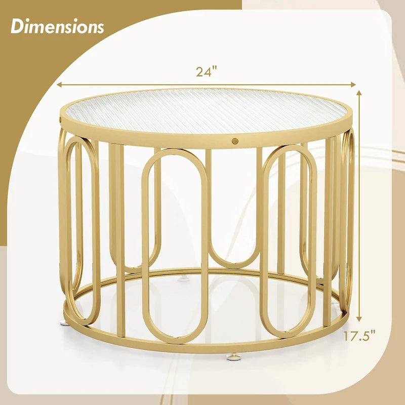 Table basse ronde à 2 niveaux avec supports pivotants et plateau en verre cannelé, 24 pouces