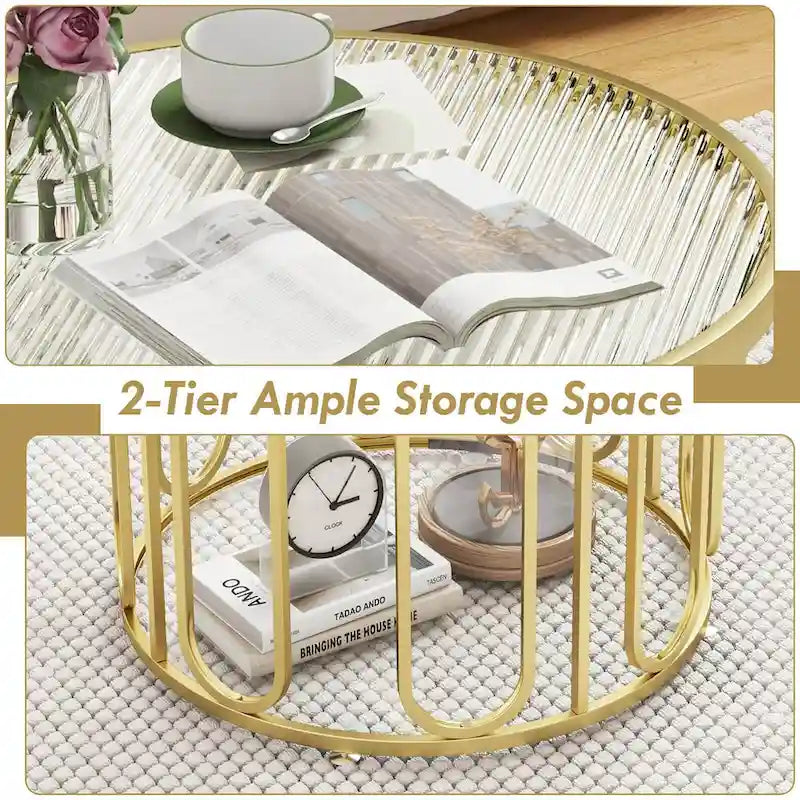 Table basse ronde à 2 niveaux avec supports pivotants et plateau en verre cannelé, 24 pouces