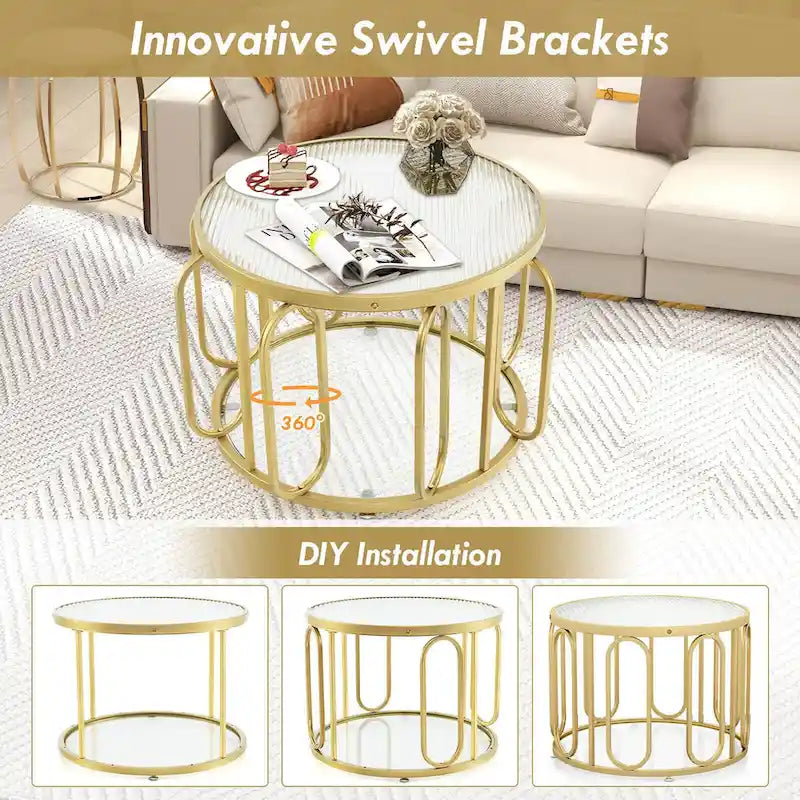 Table basse ronde à 2 niveaux avec supports pivotants et plateau en verre cannelé, 24 pouces