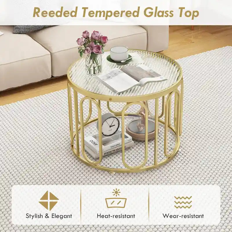 Table basse ronde à 2 niveaux avec supports pivotants et plateau en verre cannelé, 24 pouces
