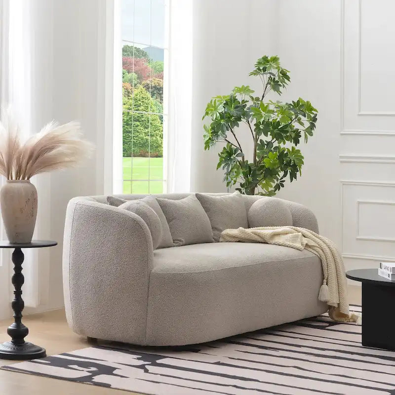 Canapé 3 places en tissu bouclé avec 5 coussins, 216 cm