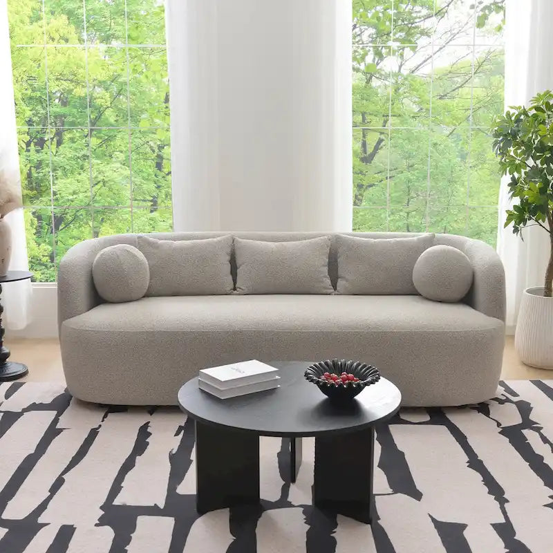 Canapé 3 places en tissu bouclé avec 5 coussins, 216 cm