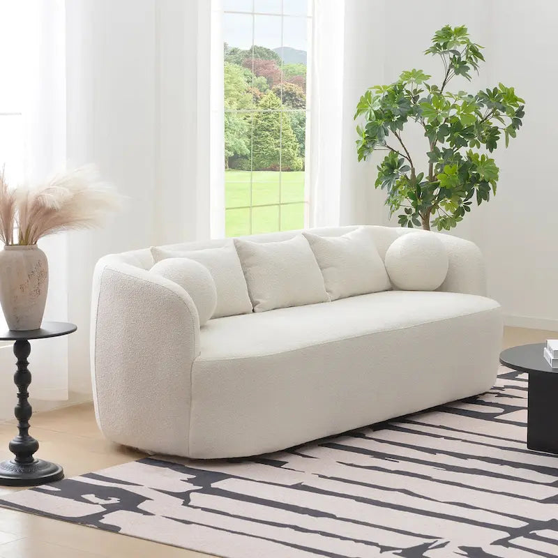 Canapé 3 places en tissu bouclé avec 5 coussins, 216 cm