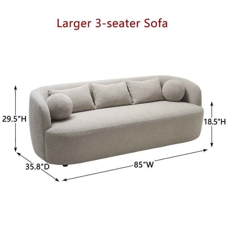 Canapé 3 places en tissu bouclé avec 5 coussins, 216 cm