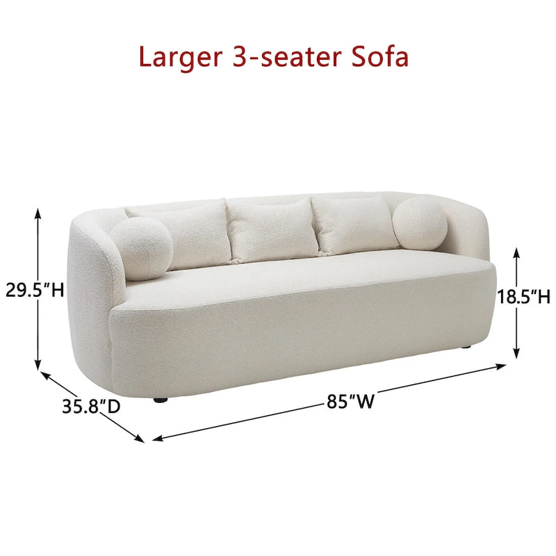Canapé 3 places en tissu bouclé avec 5 coussins, 216 cm