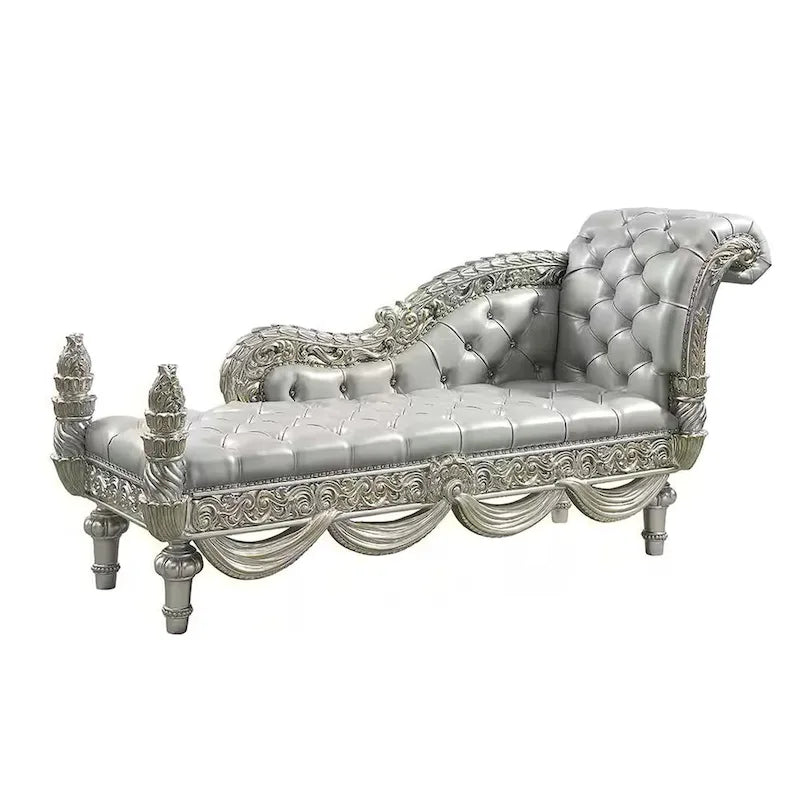 Chaise longue en similicuir beige avec cadre en bois couleur champagne, 82 pouces