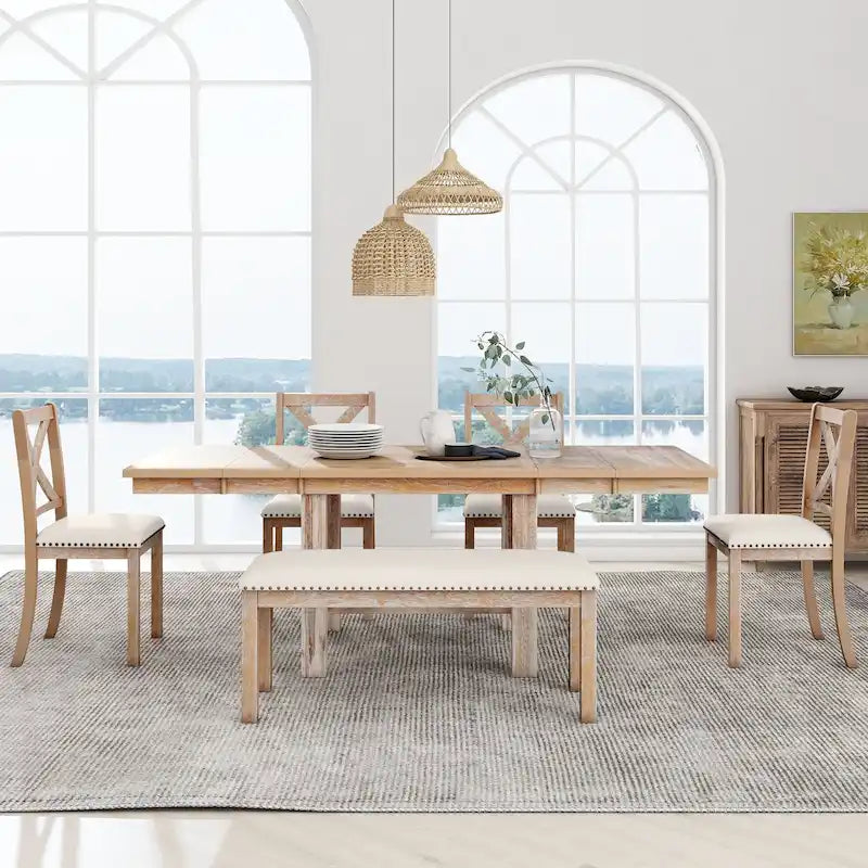 Ensemble de salle à manger 6 pièces en bois de style fermier avec table extensible et 4 chaises