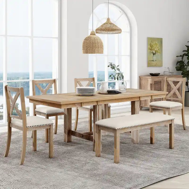 Ensemble de salle à manger 6 pièces en bois de style fermier avec table extensible et 4 chaises