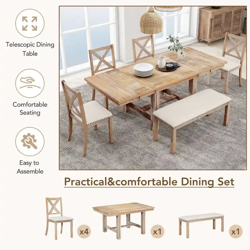 Ensemble de salle à manger 6 pièces en bois de style fermier avec table extensible et 4 chaises