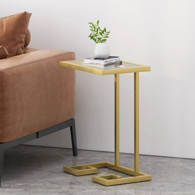 Hickson Indoor Iron and Tempered Glass C Shaped End Table by 