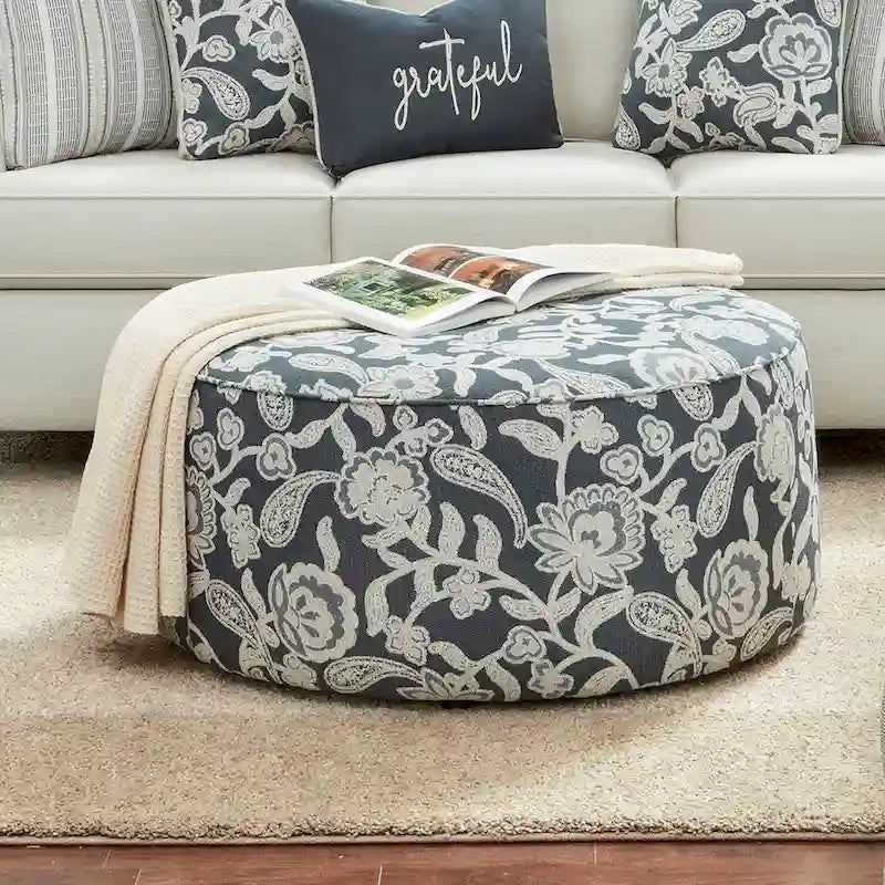 Chestnut Transitional Round Ivory Chenille Cocktail Ottoman by 