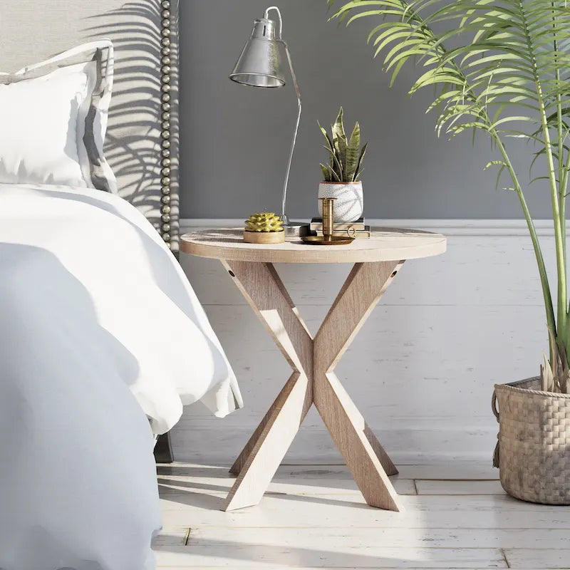 Table d'appoint à pieds croisés avec plateau rond, finition gris vintage