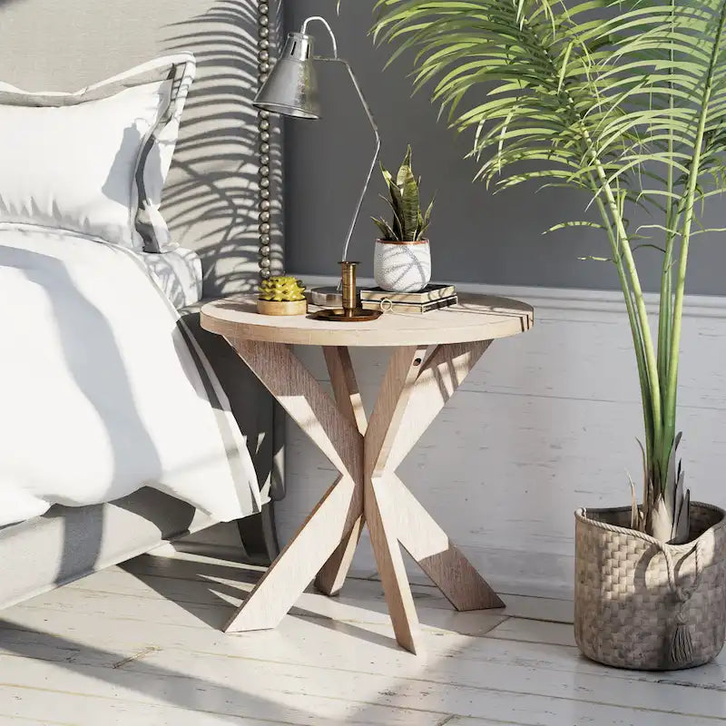 Table d'appoint à pieds croisés avec plateau rond, finition gris vintage