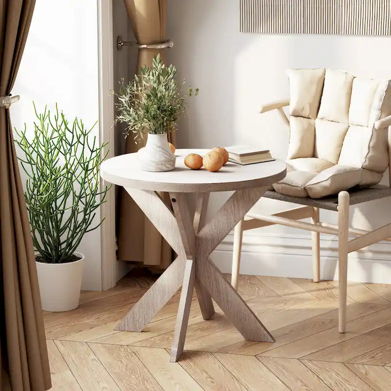 Table d'appoint à pieds croisés avec plateau rond, finition gris vintage
