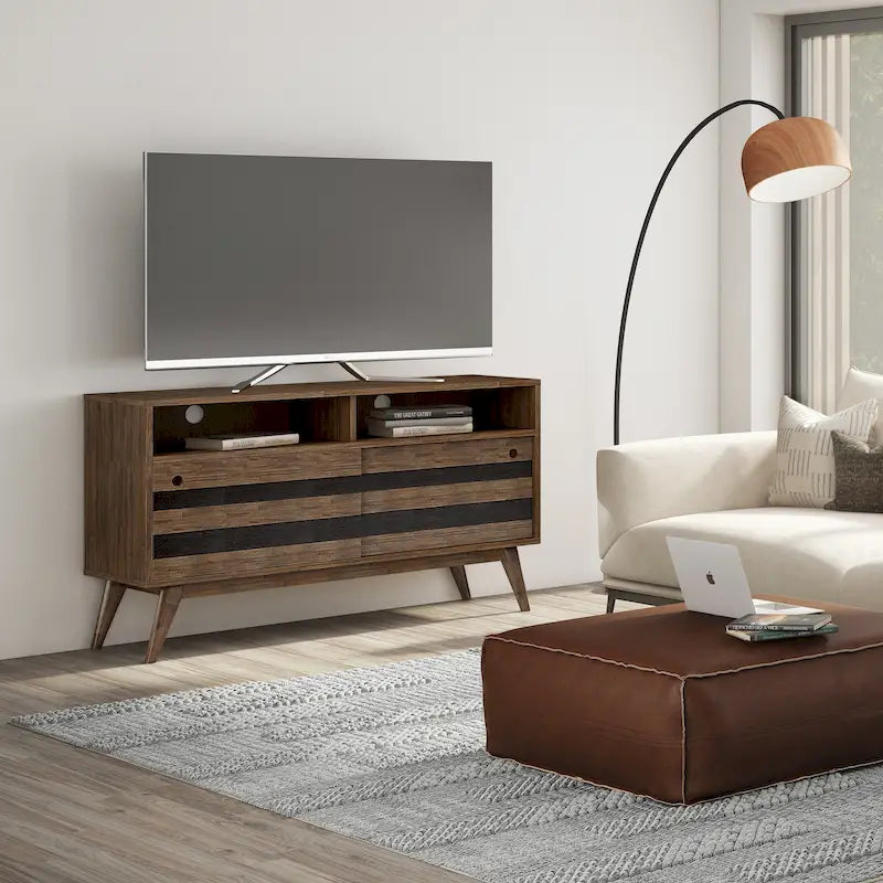 Meuble TV/média Mid-Century en bois d'acacia massif de 54 pouces