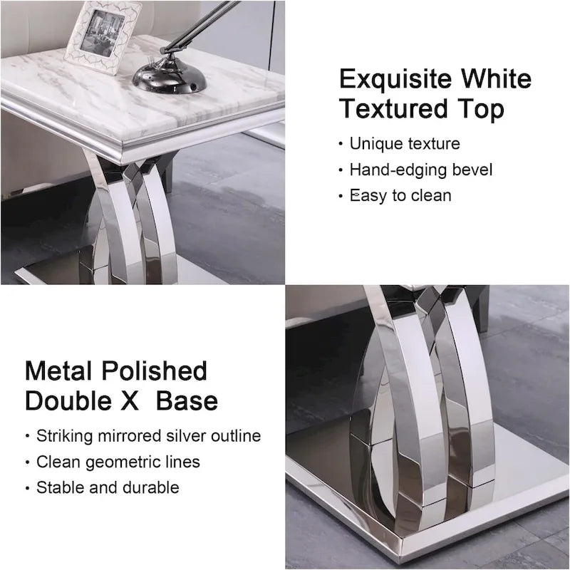 Table d'appoint avec piètement en X en acier inoxydable poli, gris et argent, 56 cm