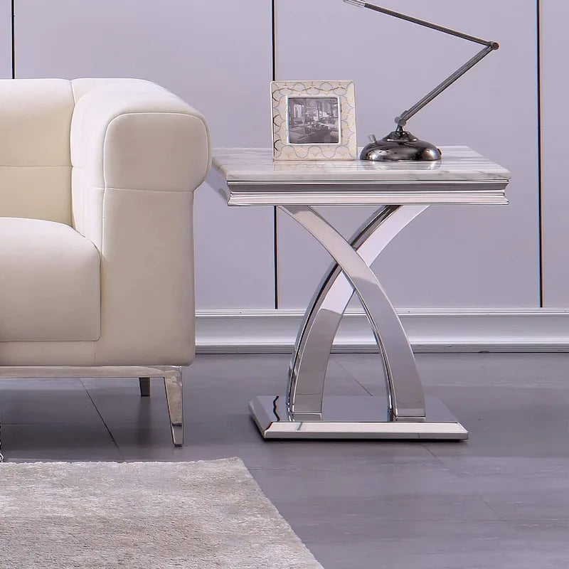 Table d'appoint avec piètement en X en acier inoxydable poli, gris et argent, 56 cm