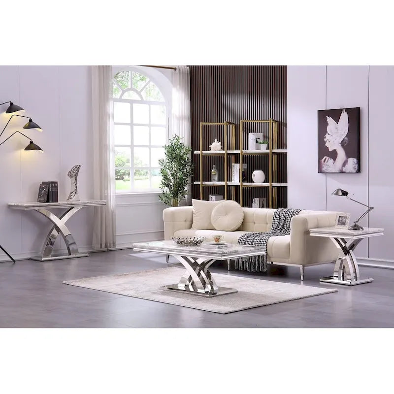 Table d'appoint avec piètement en X en acier inoxydable poli, gris et argent, 56 cm