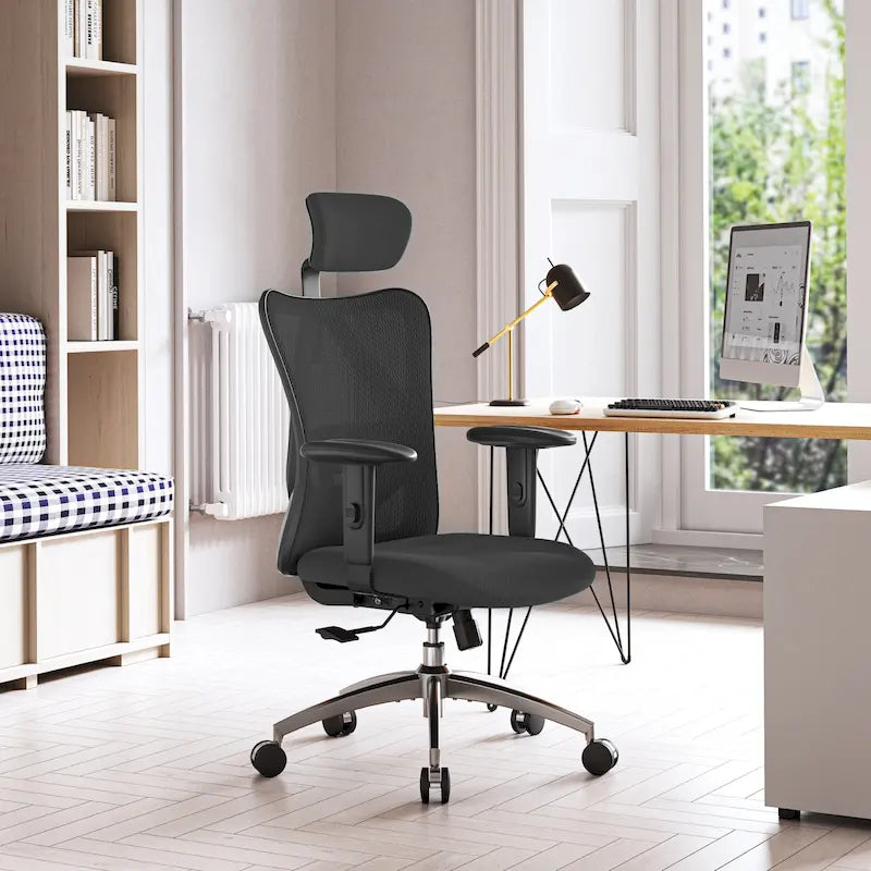 Chaise de bureau ergonomique à dossier haut avec soutien lombaire réglable, noire