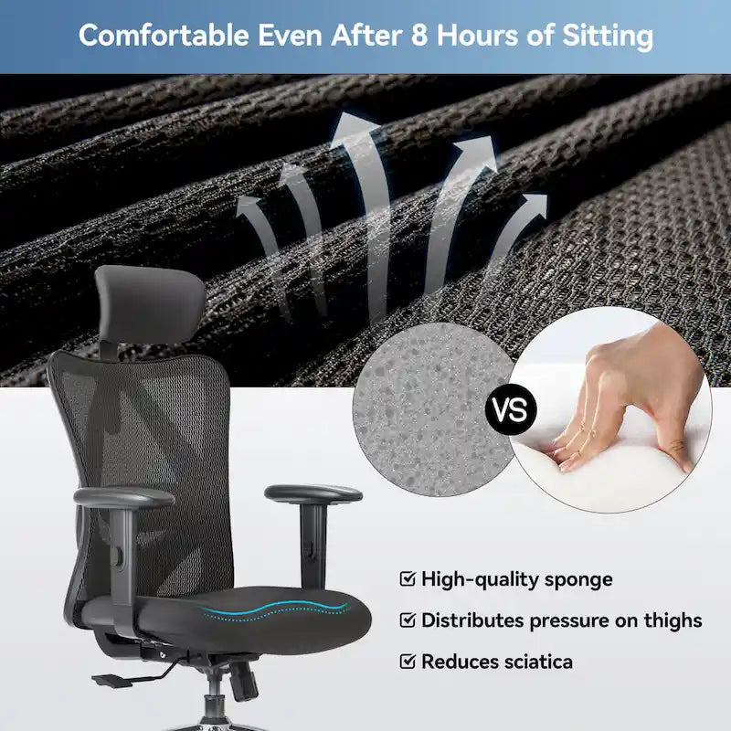 Chaise de bureau ergonomique à dossier haut avec soutien lombaire réglable, noire