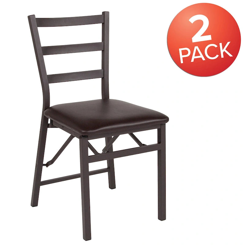 Chaise pliante en métal à dossier échelle avec assise en vinyle, lot de 2 - Marron
