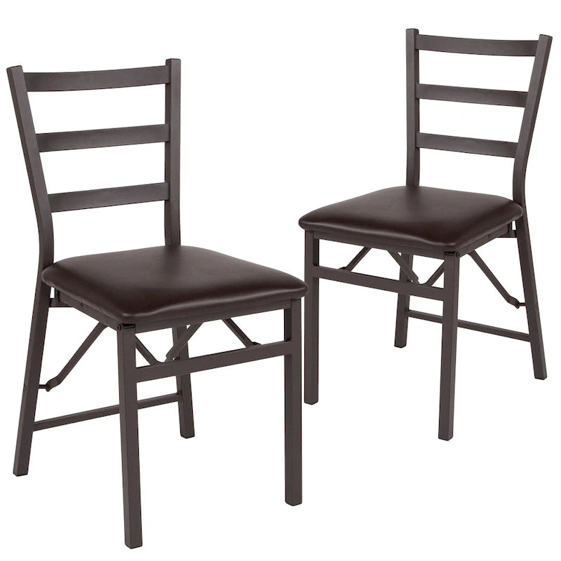 Chaise pliante en métal à dossier échelle avec assise en vinyle, lot de 2 - Marron